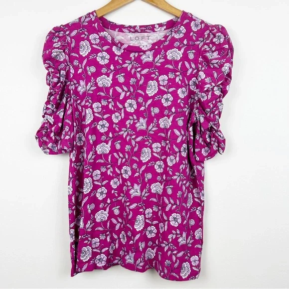 Loft Floral Cinched Puff Sleeve Tee NWT Medium - Picture 2 of 9